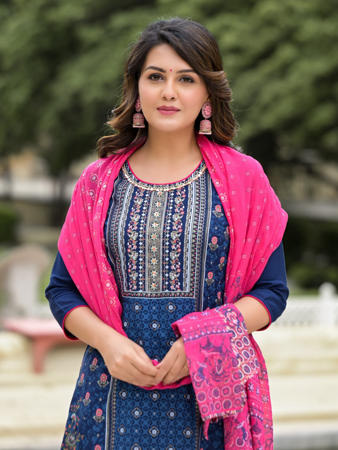 Juniper Women's Blue Ethnic Motif Printed Viscose Kurta Pant And Dupatta Set With Sequins Work
