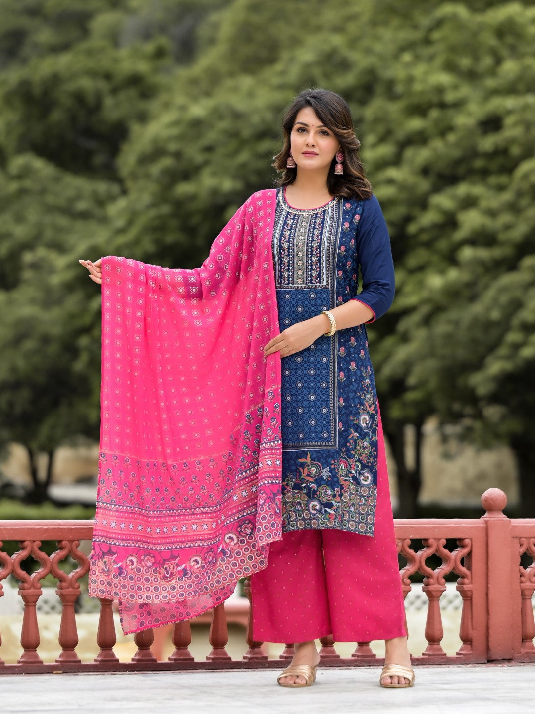 Juniper Women's Blue Ethnic Motif Printed Viscose Kurta Pant And Dupatta Set With Sequins Work
