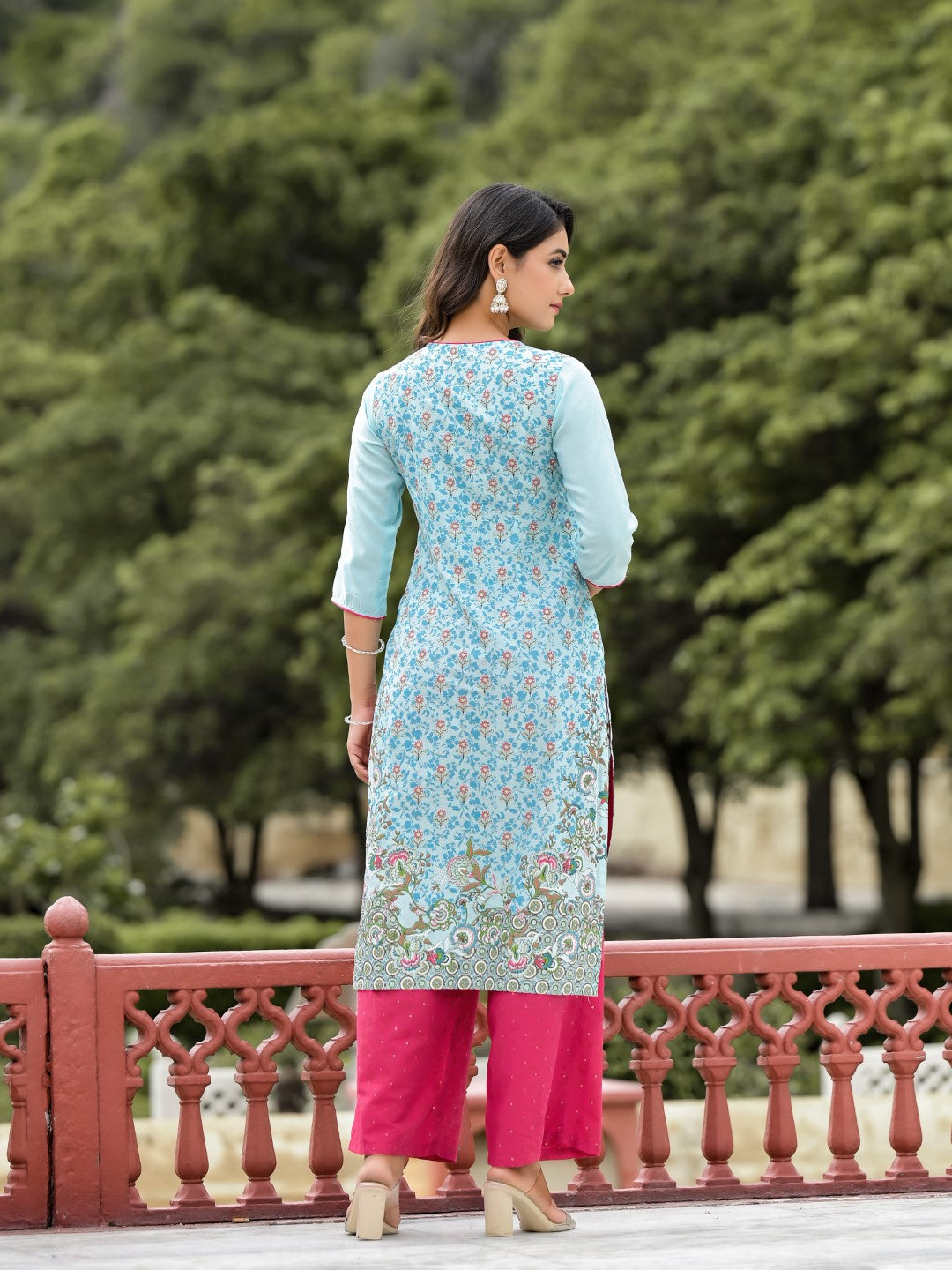Juniper Women's Sky Blue Ethnic Motif Printed Viscose Kurta Pant And Dupatta Set With Sequins Work And Beads Work