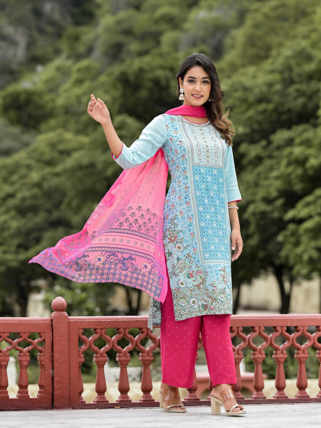 Juniper Women's Sky Blue Ethnic Motif Printed Viscose Kurta Pant And Dupatta Set With Sequins Work And Beads Work