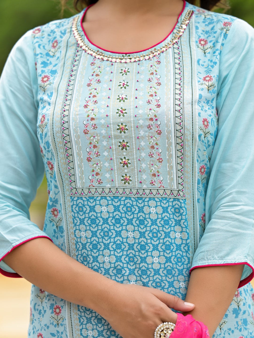 Juniper Women's Sky Blue Ethnic Motif Printed Viscose Kurta Pant And Dupatta Set With Sequins Work And Beads Work