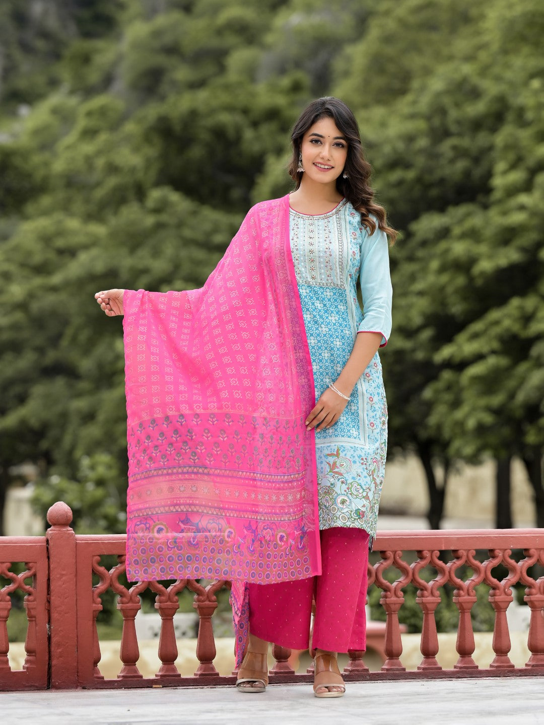 Juniper Women's Sky Blue Ethnic Motif Printed Viscose Kurta Pant And Dupatta Set With Sequins Work And Beads Work