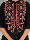 Juniper Women's Black Thread Embroidered Liva Rayon Tunic Pant Set With Mirror Work & Buttons
