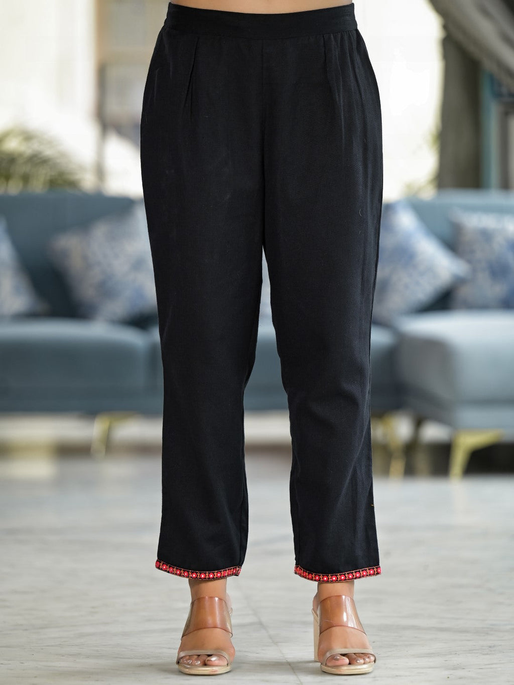 Juniper Women's Black Thread Embroidered Liva Rayon Tunic Pant Set With Mirror Work & Buttons