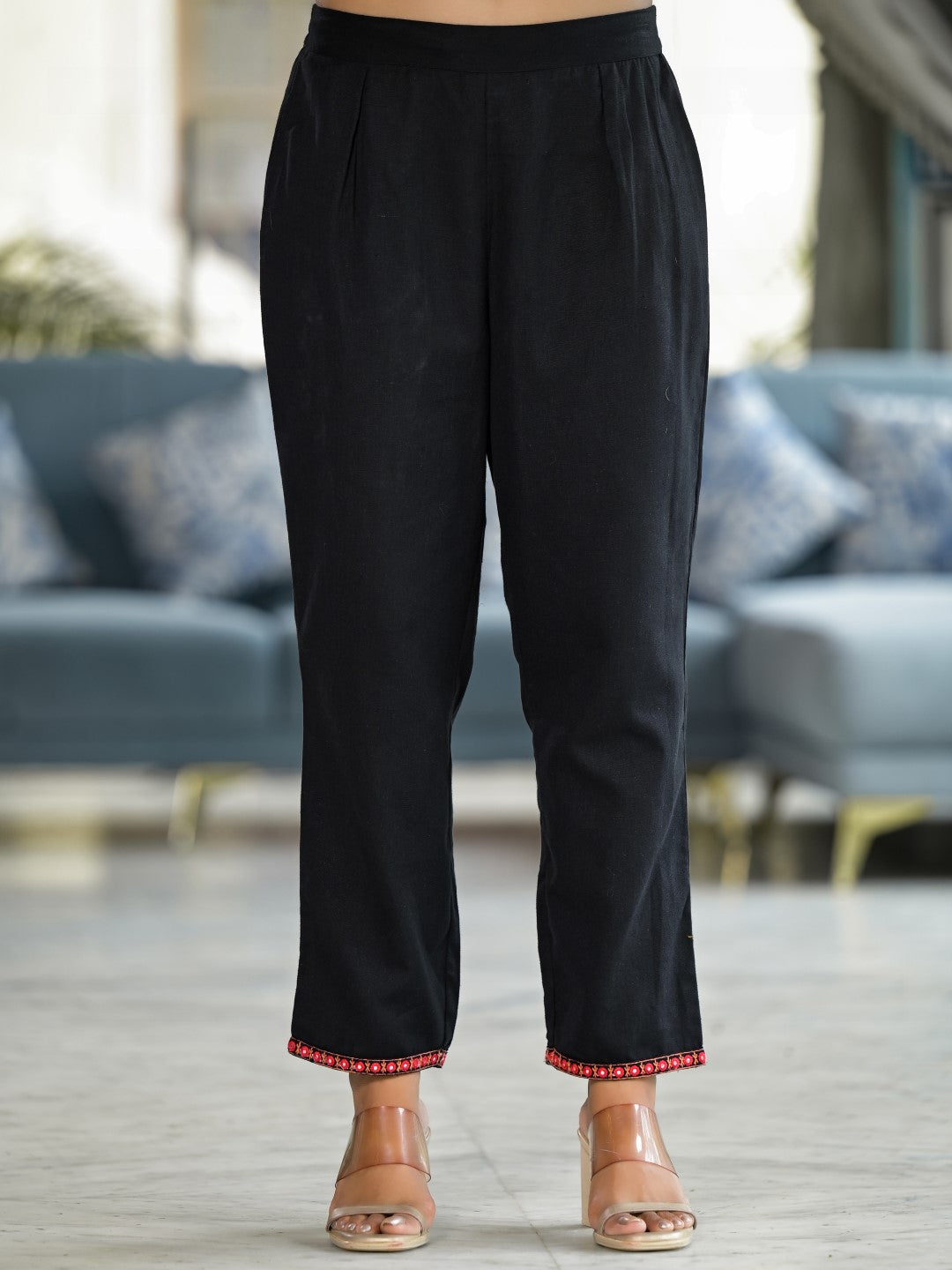 Juniper Women's Black Thread Embroidered Liva Rayon Tunic Pant Set With Mirror Work & Buttons