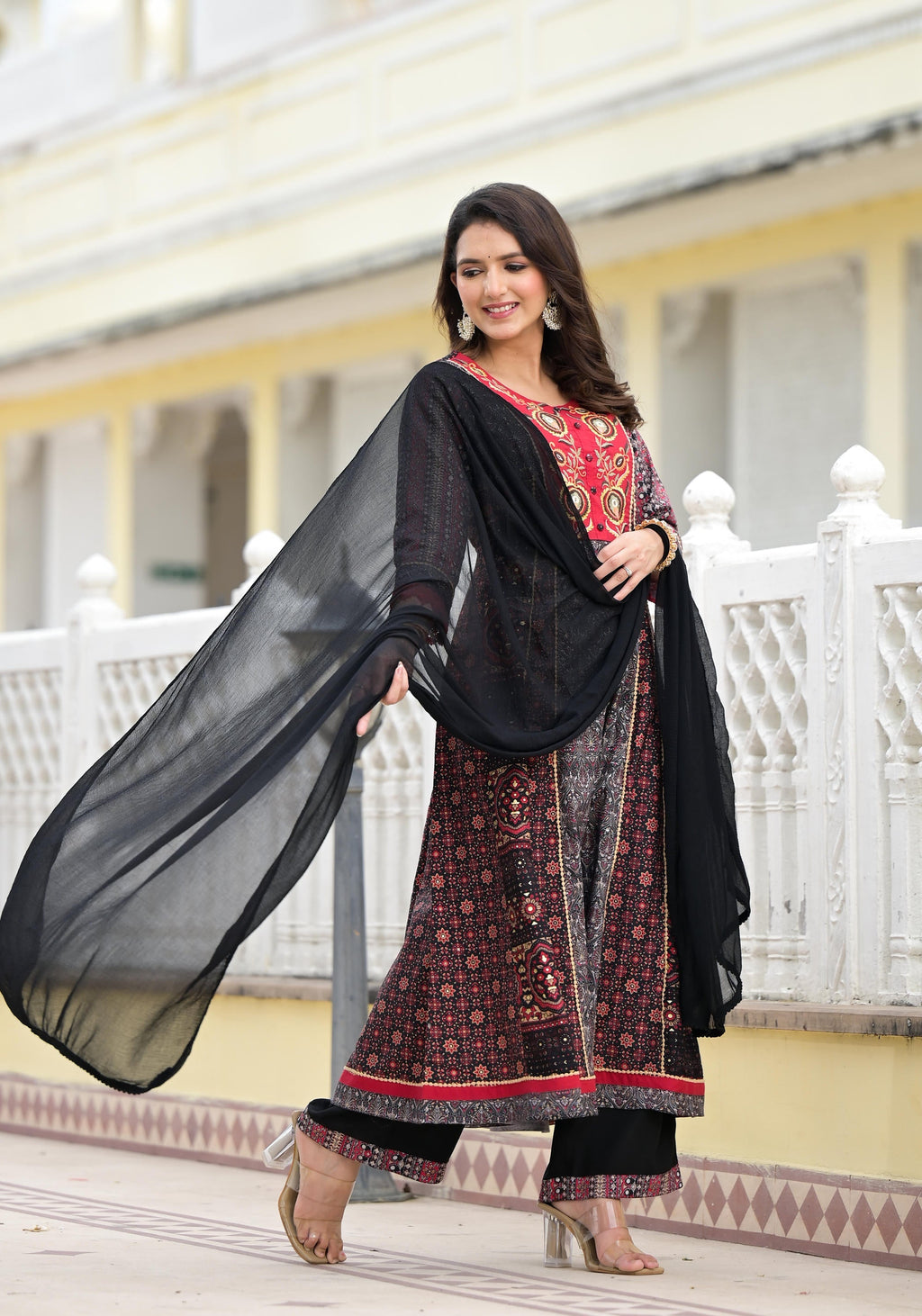 Juniper Women's Black Silk Blend Printed Kurta Set