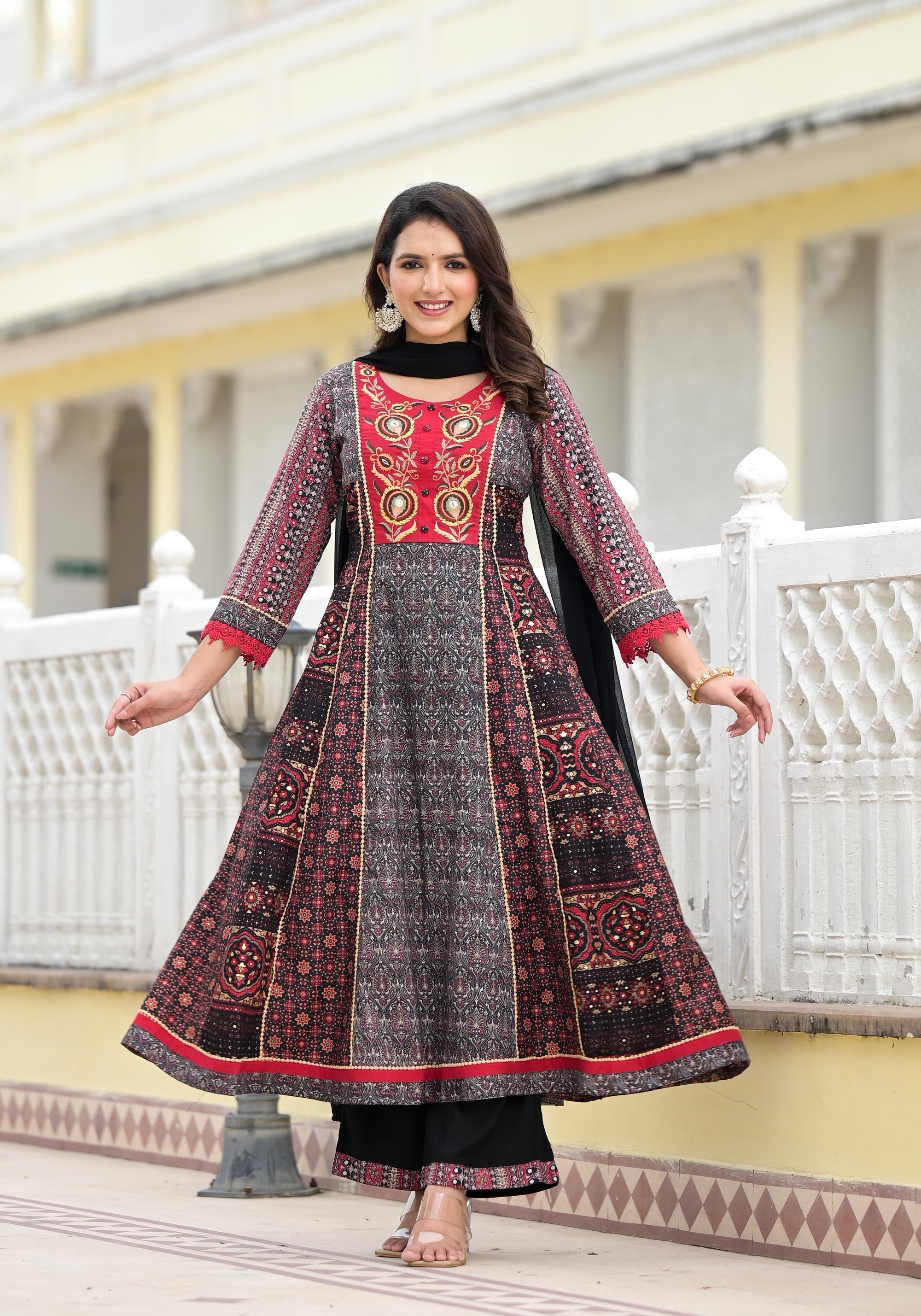 Juniper Women's Black Silk Blend Printed Kurta Set