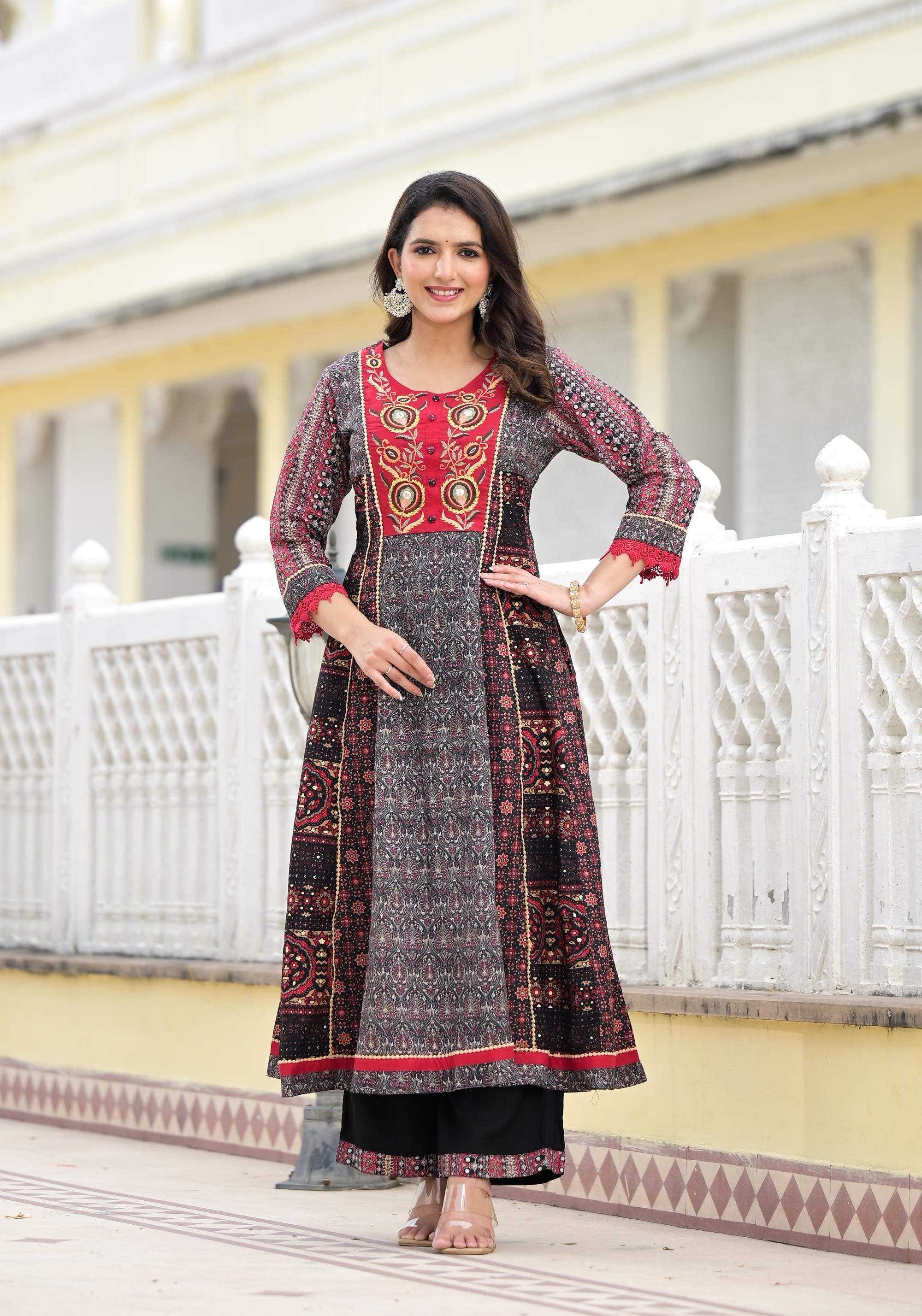 Juniper Women's Black Silk Blend Printed Kurta Set