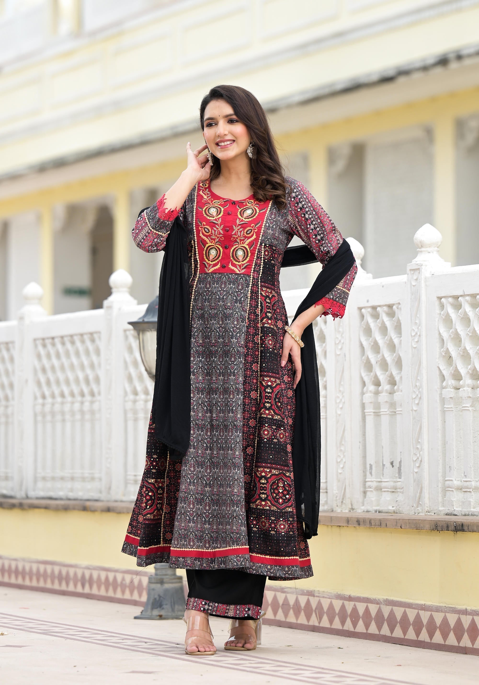 Juniper Women's Black Silk Blend Printed Kurta Set
