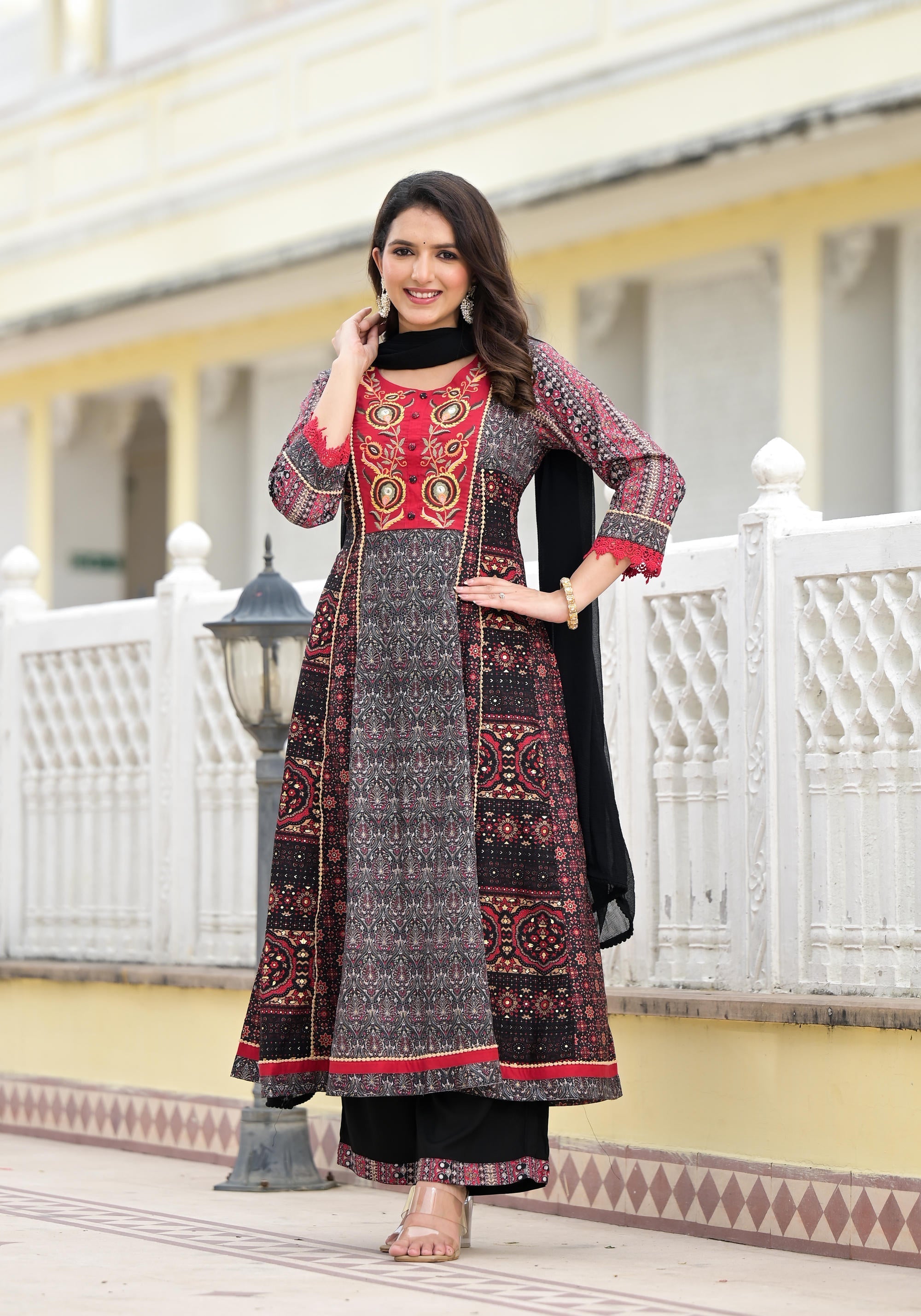 Juniper Women's Black Silk Blend Printed Kurta Set
