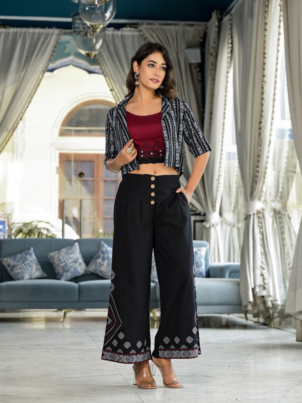 Juniper Women's Black Geometric Printed Liva Rayon Shrug With Inner & Palazzo Set With Thread & Mirror Work