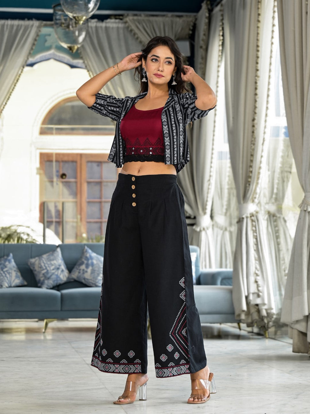 Juniper Women's Black Geometric Printed Liva Rayon Shrug With Inner & Palazzo Set With Thread & Mirror Work