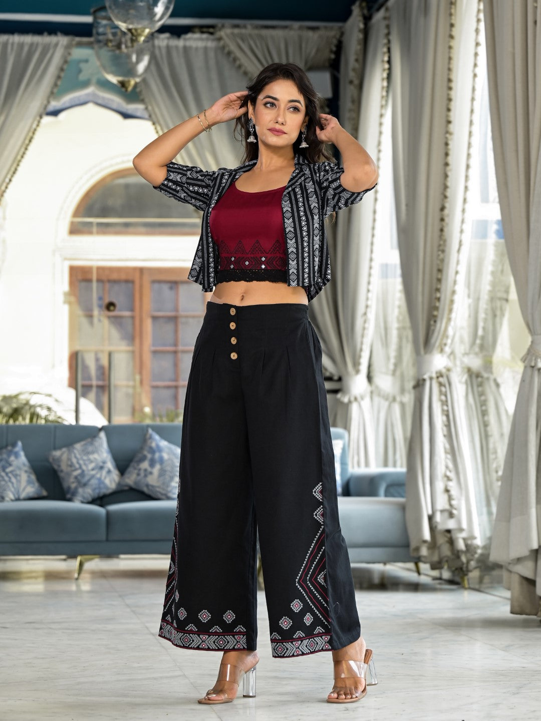 Juniper Women's Black Geometric Printed Liva Rayon Shrug With Inner & Palazzo Set With Thread & Mirror Work