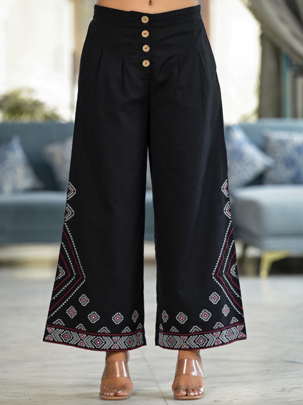 Juniper Women's Black Geometric Printed Liva Rayon Shrug With Inner & Palazzo Set With Thread & Mirror Work