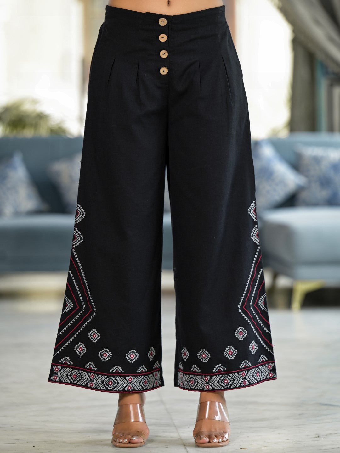 Juniper Women's Black Geometric Printed Liva Rayon Shrug With Inner & Palazzo Set With Thread & Mirror Work