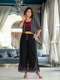 Juniper Women's Black Geometric Printed Liva Rayon Shrug With Inner & Palazzo Set With Thread & Mirror Work