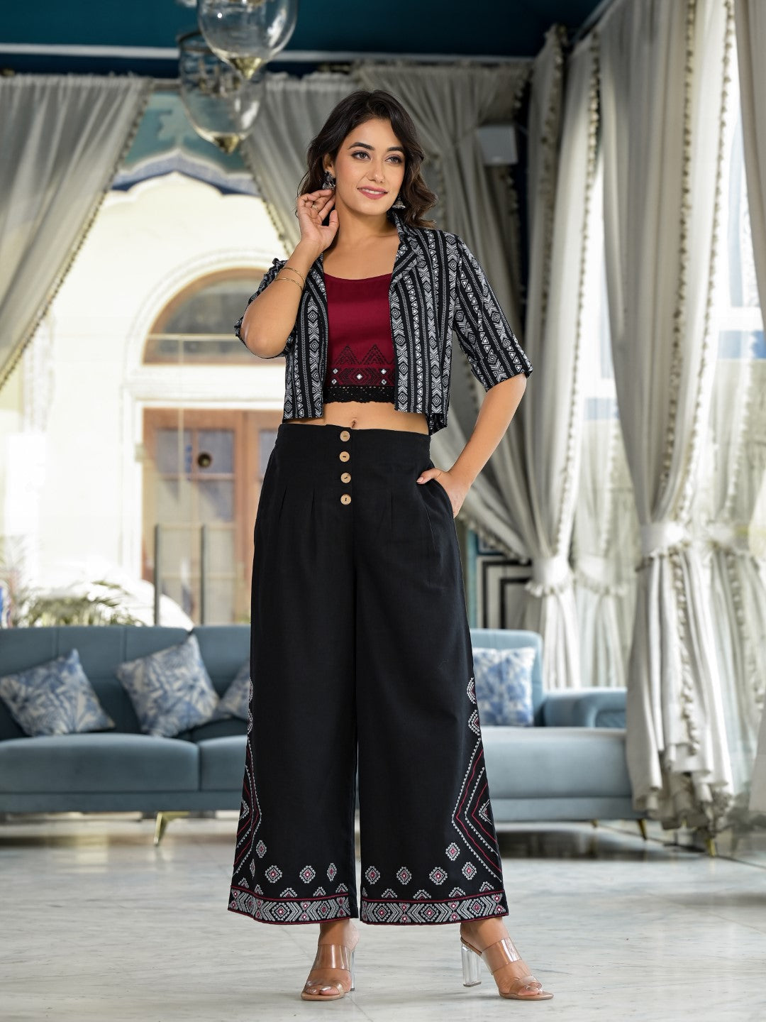 Juniper Women's Black Geometric Printed Liva Rayon Shrug With Inner & Palazzo Set With Thread & Mirror Work