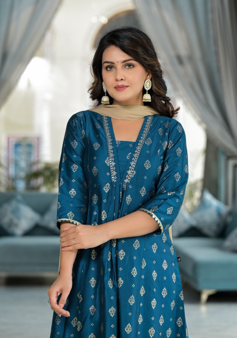 Juniper Women's Blue Ethnic Motif Printed Polycotton Kurta Pant And Dupatta Set With Sequins Gota Patti & Beads