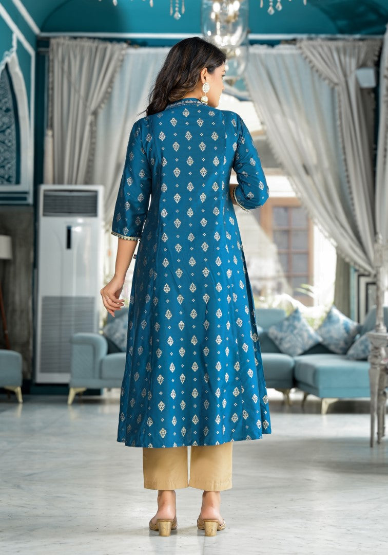 Juniper Women's Blue Ethnic Motif Printed Polycotton Kurta Pant And Dupatta Set With Sequins Gota Patti & Beads