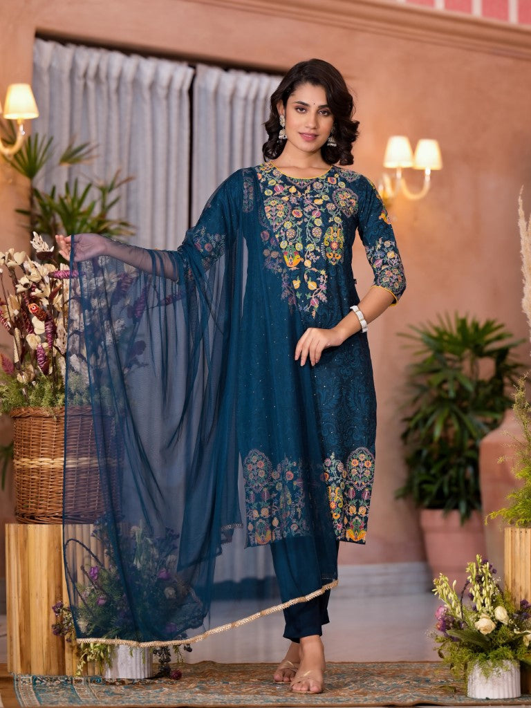 Juniper Women's Navy Thread Embroidered Liva Rayon Kurta Pant And Dupatta Set With Sequins Beads & Lace