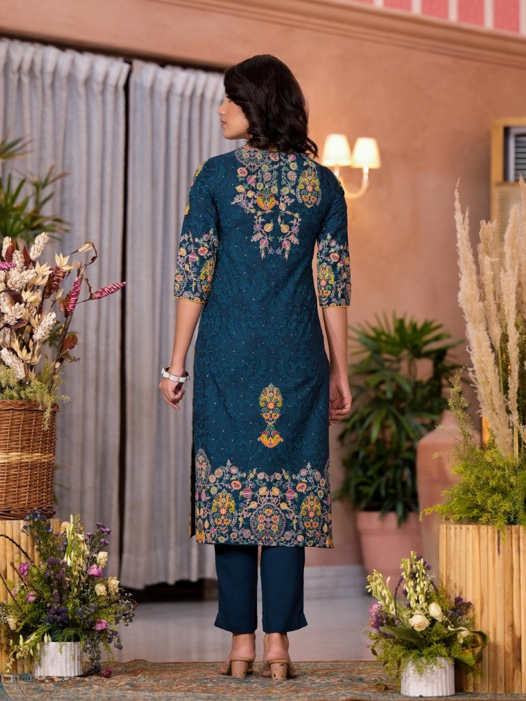 Juniper Women's Navy Thread Embroidered Liva Rayon Kurta Pant And Dupatta Set With Sequins Beads & Lace