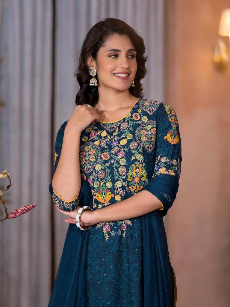 Juniper Women's Navy Thread Embroidered Liva Rayon Kurta Pant And Dupatta Set With Sequins Beads & Lace