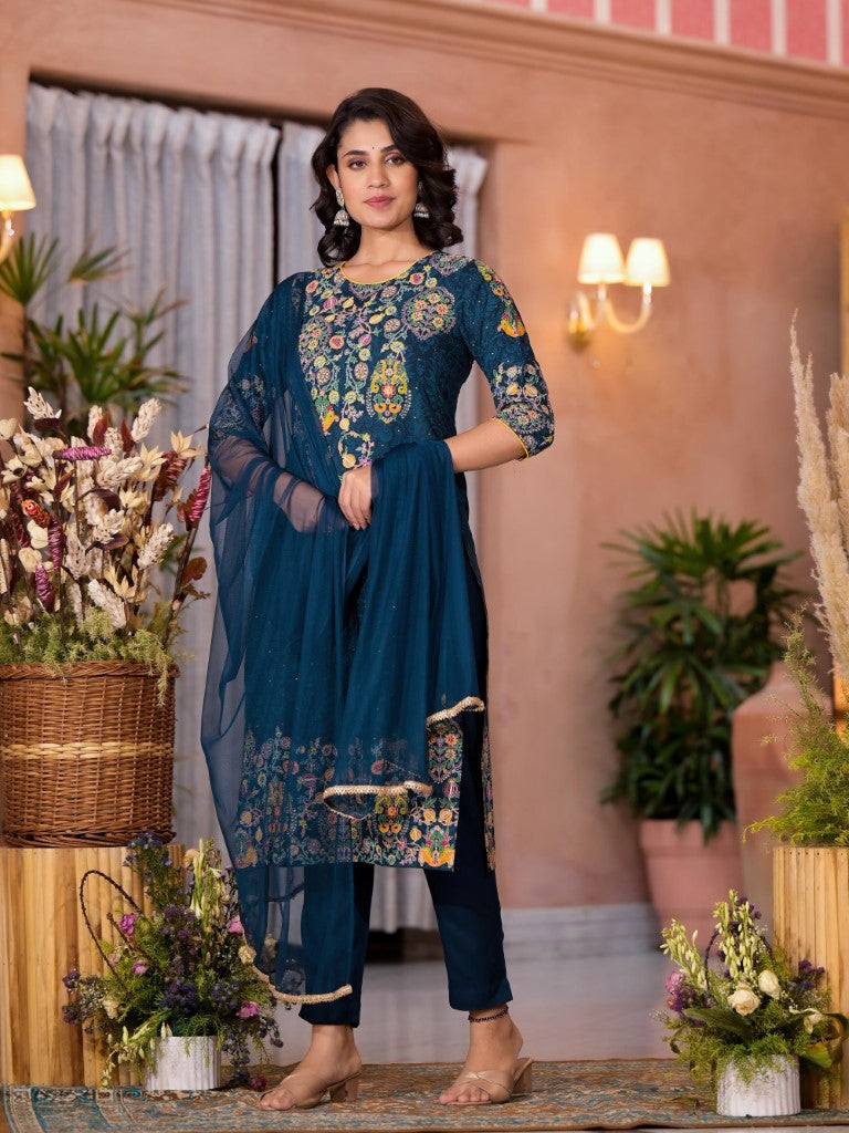 Juniper Women's Navy Thread Embroidered Liva Rayon Kurta Pant And Dupatta Set With Sequins Beads & Lace