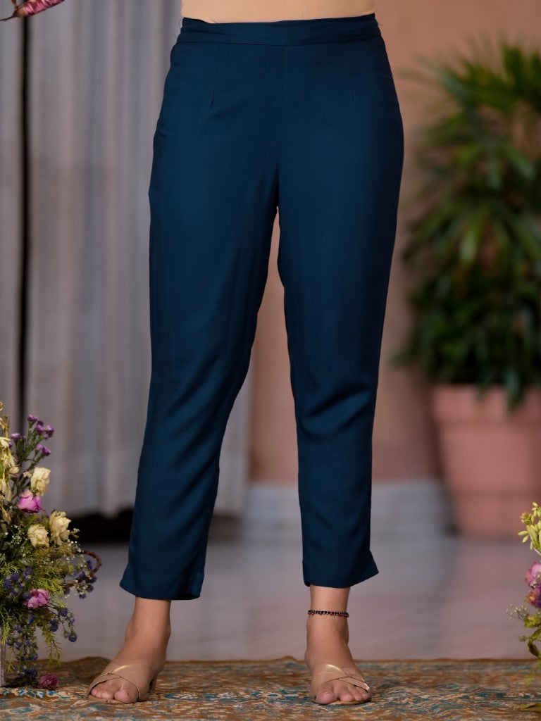 Juniper Women's Navy Thread Embroidered Liva Rayon Kurta Pant And Dupatta Set With Sequins Beads & Lace