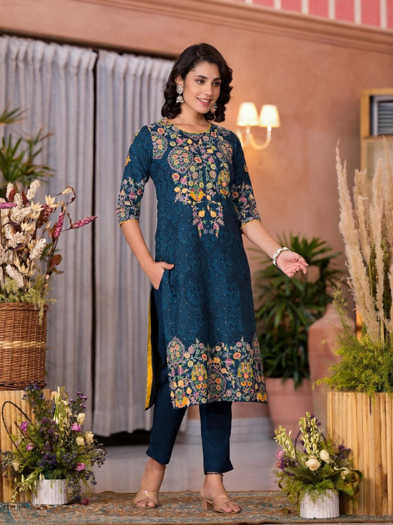 Juniper Women's Navy Thread Embroidered Liva Rayon Kurta Pant And Dupatta Set With Sequins Beads & Lace
