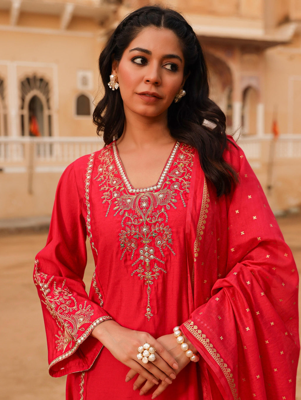 Juniper Women's Pink Viscose Rayon Embroidered Kurta Set