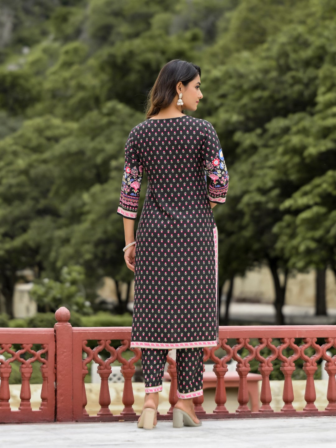 Juniper Women's Black Floral Printed Liva Rayon Kurta Pant And Dupatta Set With Tassels & Sequins