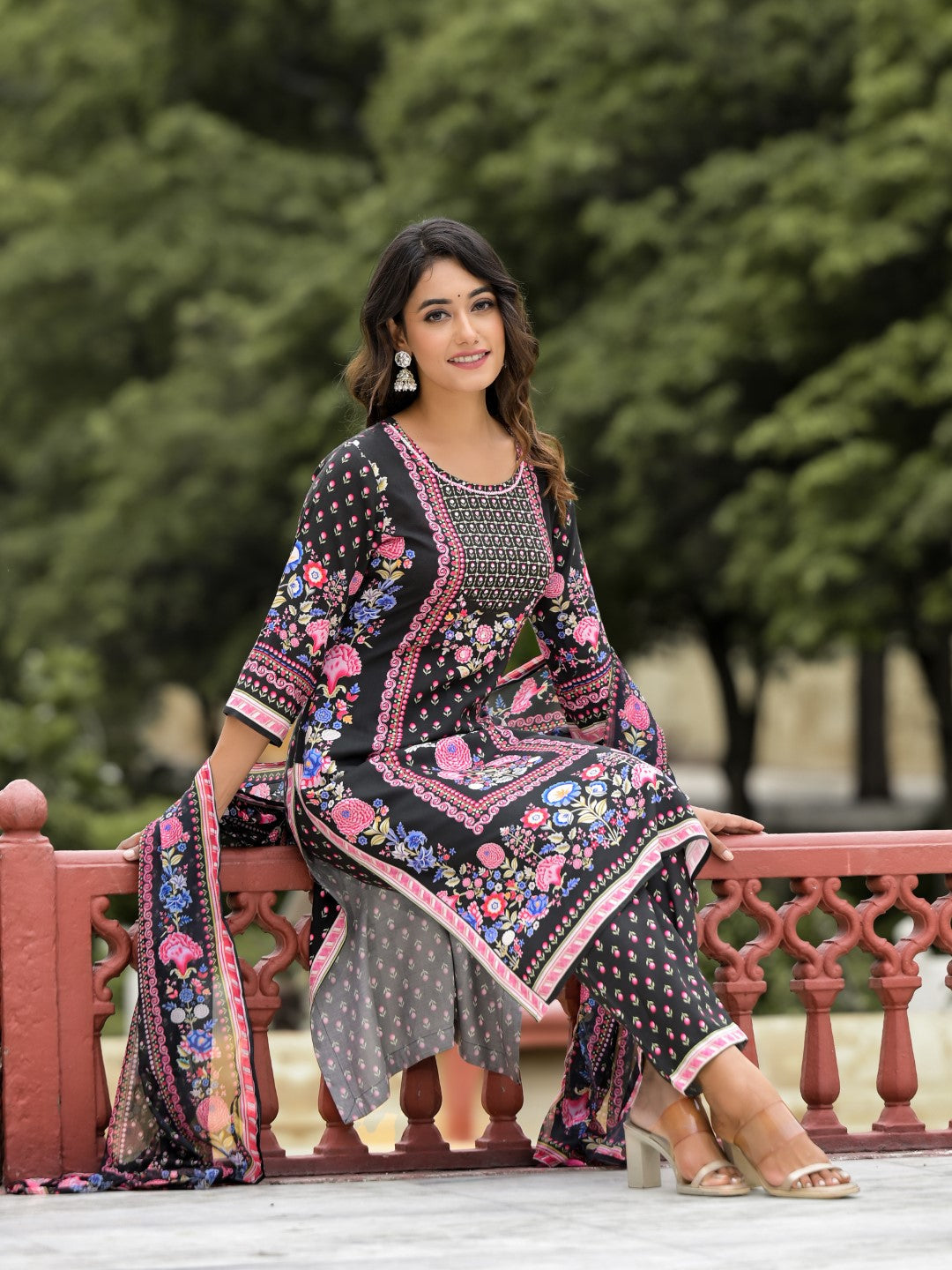 Juniper Women's Black Floral Printed Liva Rayon Kurta Pant And Dupatta Set With Tassels & Sequins