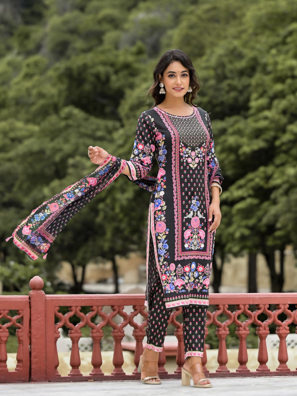 Juniper Women's Black Floral Printed Liva Rayon Kurta Pant And Dupatta Set With Tassels & Sequins