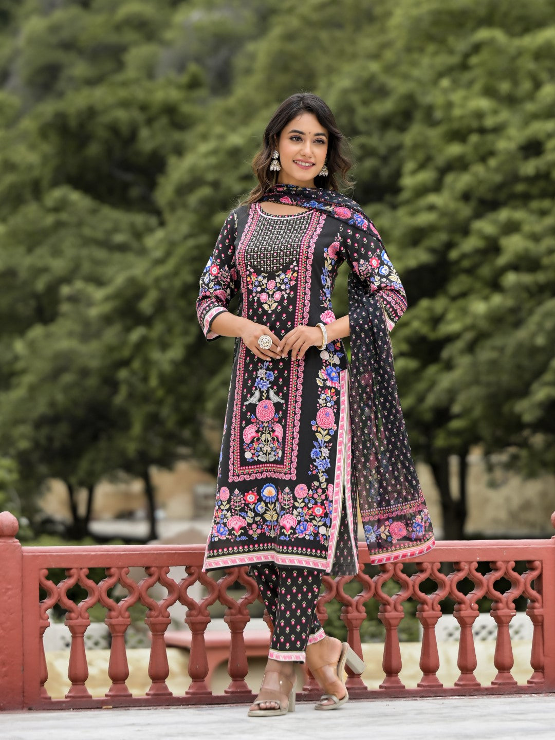 Juniper Women's Black Floral Printed Liva Rayon Kurta Pant And Dupatta Set With Tassels & Sequins