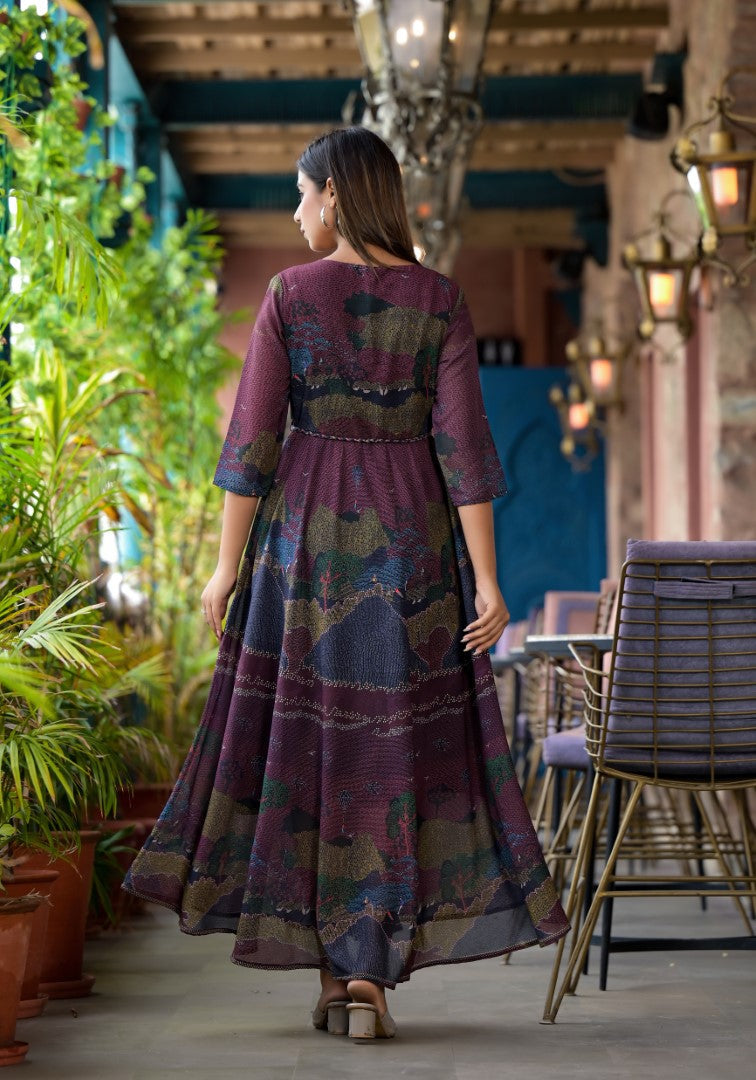 Juniper Women's Black Abstract Printed Georgette Dress With Doris At Waist