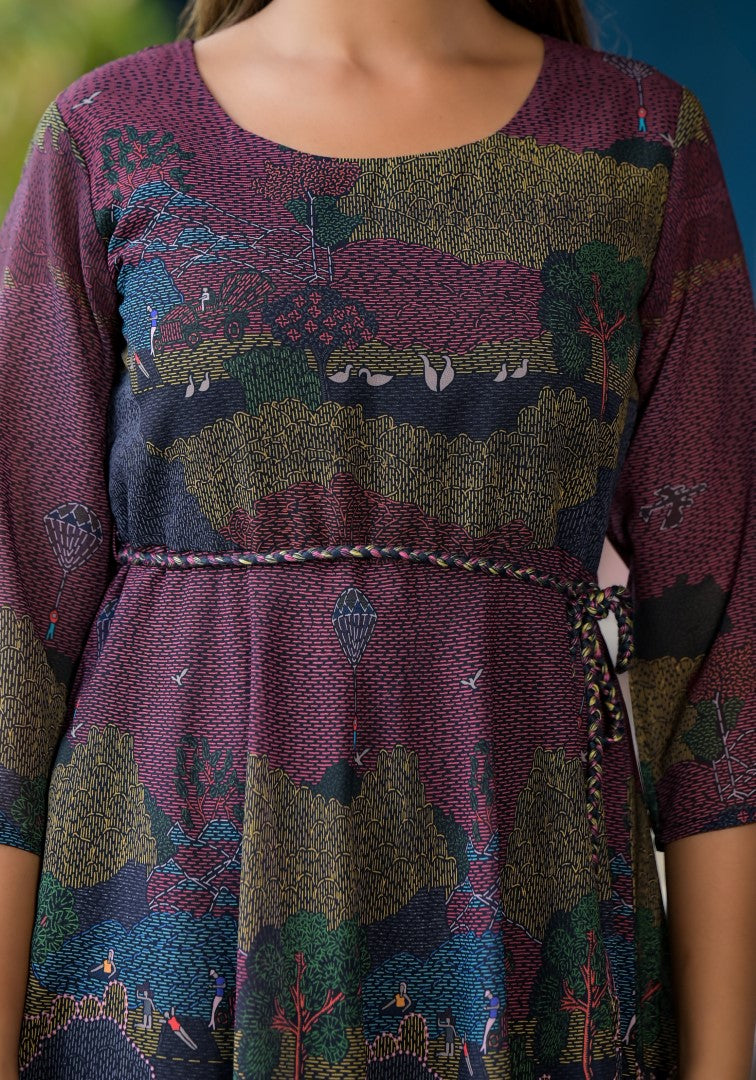 Juniper Women's Black Abstract Printed Georgette Dress With Doris At Waist
