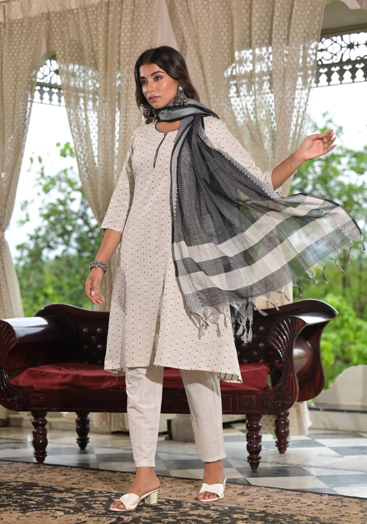 Juniper Women's Off White Geometric Printed Cotton Kurta Pant Set With Tassels On Dupatta
