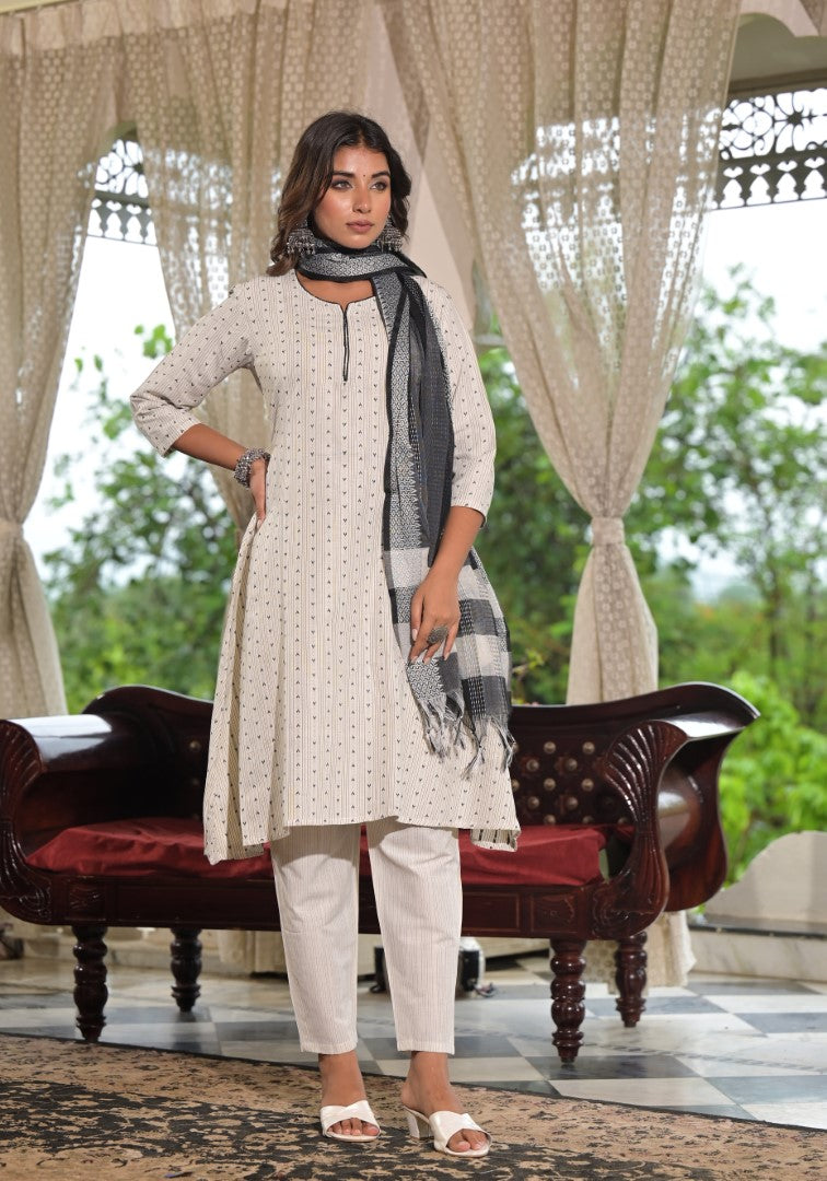 Juniper Women's Off White Geometric Printed Cotton Kurta Pant Set With Tassels On Dupatta