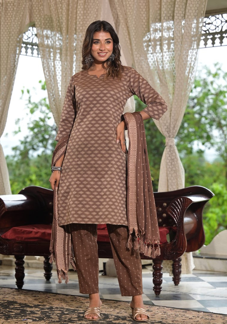 Juniper Women's Brown Geometric Printed Cotton Kurta Pant Set With Tassels On Dupatta