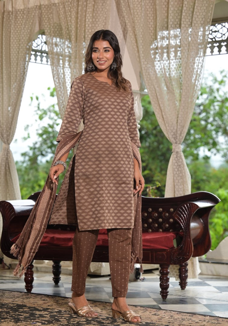 Juniper Women's Brown Geometric Printed Cotton Kurta Pant Set With Tassels On Dupatta