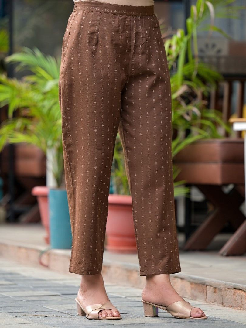 Juniper Women's Brown Geometric Printed Cotton Kurta Pant Set With Tassels On Dupatta