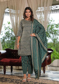 Juniper Women's Green Geometric Printed Cotton Kurta Pant Set With Tassels On Dupatta