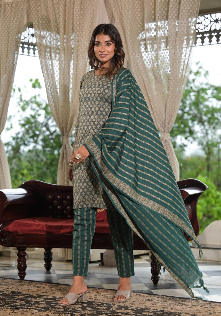 Juniper Women's Green Geometric Printed Cotton Kurta Pant Set With Tassels On Dupatta