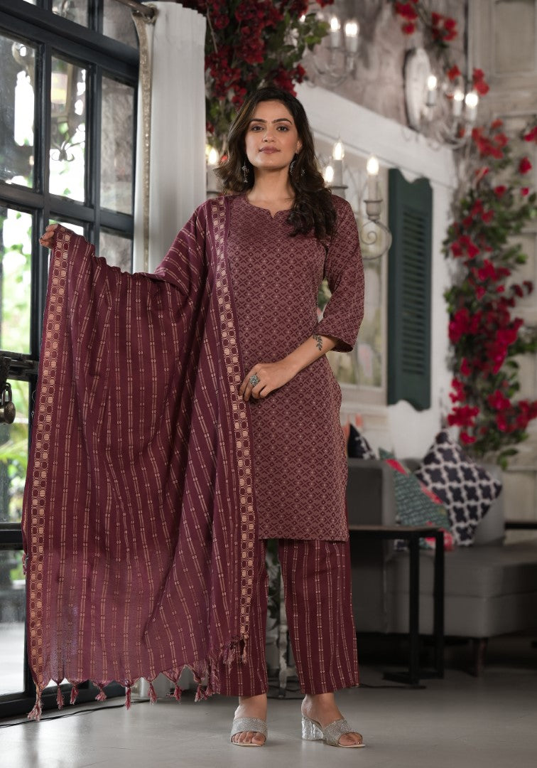 Juniper Women's Plum Geometric Printed Cotton Kurta, PantWith Tassels On Dupatta