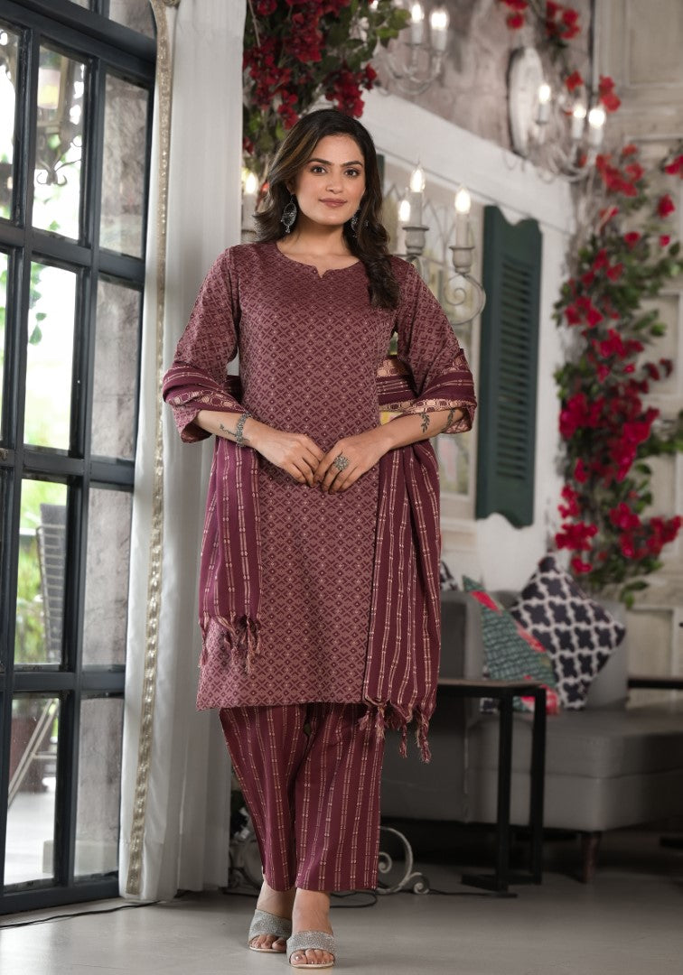 Juniper Women's Plum Geometric Printed Cotton Kurta, PantWith Tassels On Dupatta