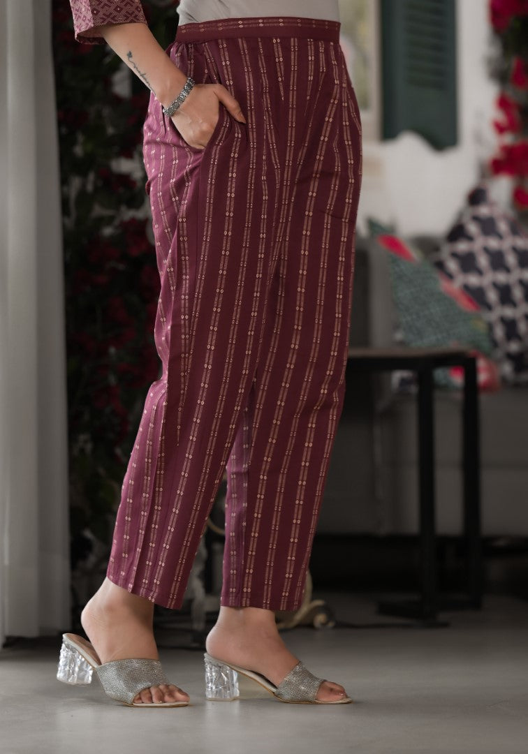 Juniper Women's Plum Geometric Printed Cotton Kurta, PantWith Tassels On Dupatta