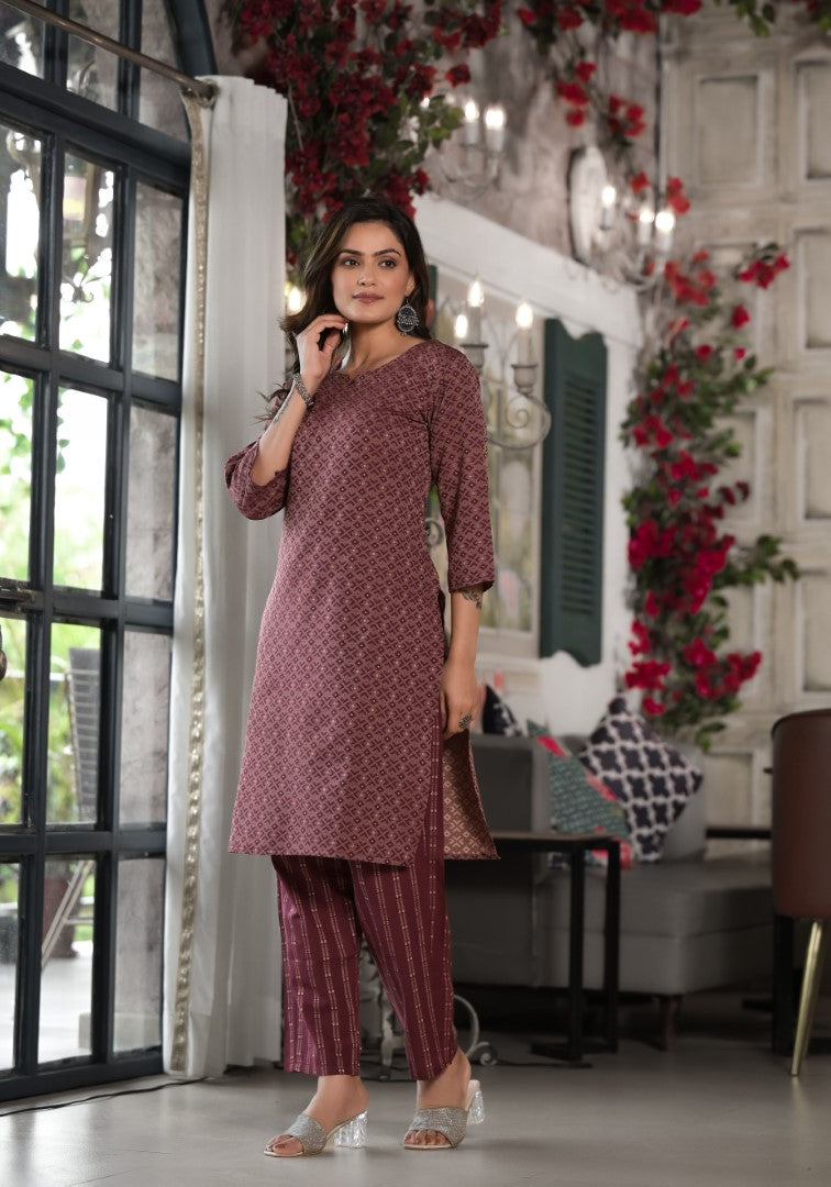 Juniper Women's Plum Geometric Printed Cotton Kurta, PantWith Tassels On Dupatta