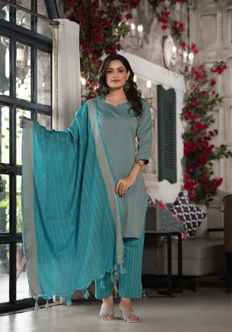 Juniper Women's Sky Blue Geometric Printed Cotton Kurta, Pant With Tassels On Dupatta