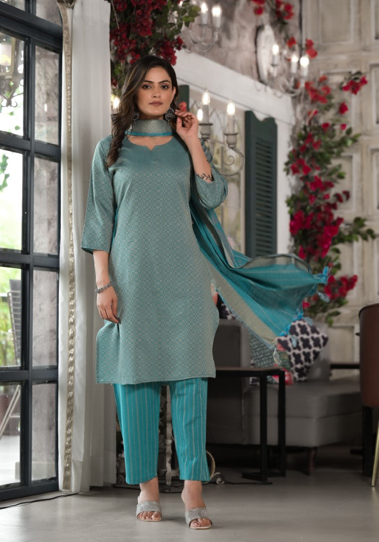 Juniper Women's Sky Blue Geometric Printed Cotton Kurta, Pant With Tassels On Dupatta