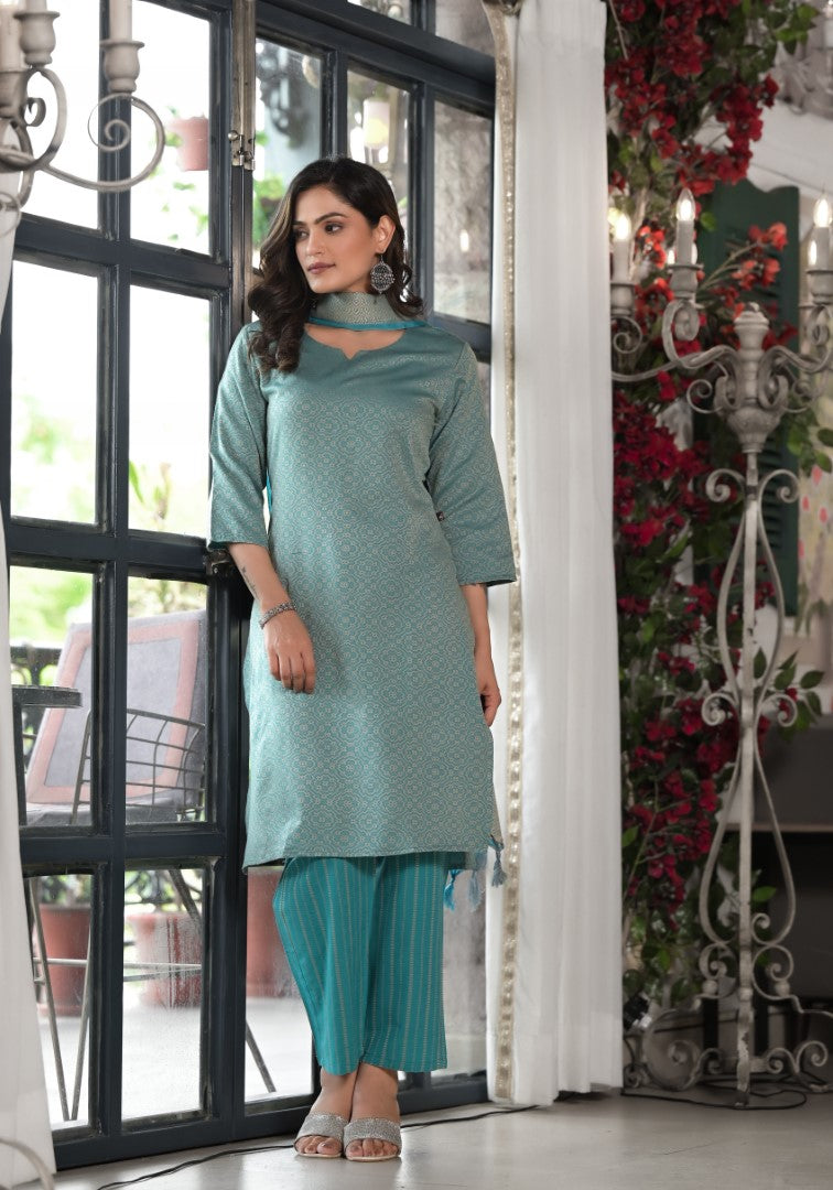 Juniper Women's Sky Blue Geometric Printed Cotton Kurta, Pant With Tassels On Dupatta